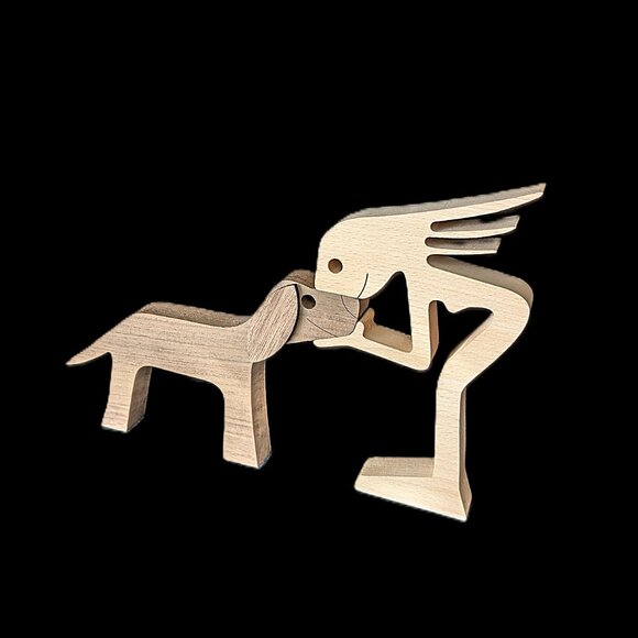 Wooden Dog & Human Engraved Figurine NWOT - Picture 2 of 7